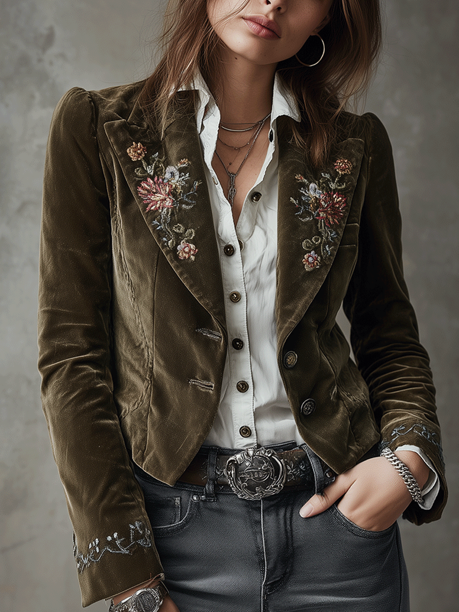 Canuck™|  Vintage Floral Embroidery Olive Green Velvet Blazer