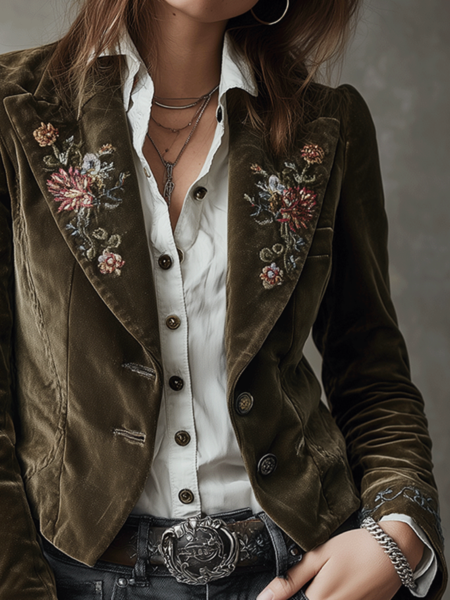Canuck™|  Vintage Floral Embroidery Olive Green Velvet Blazer