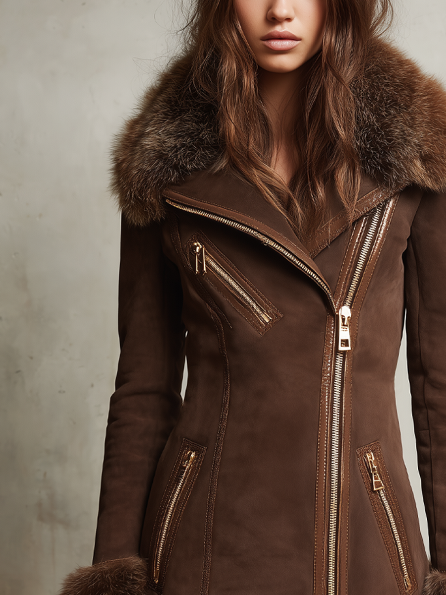 Canuck™| Retro Oblique Zipper Fur Collar Eco-friendly Suede Coat