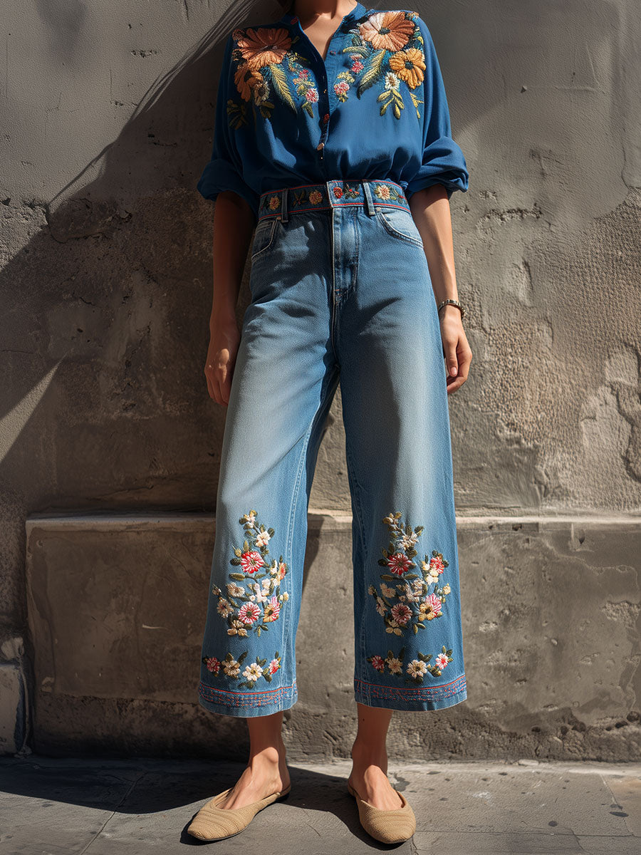 Canuck™| High-Waisted Cropped Wide-Leg Jeans With Floral Embroidery
