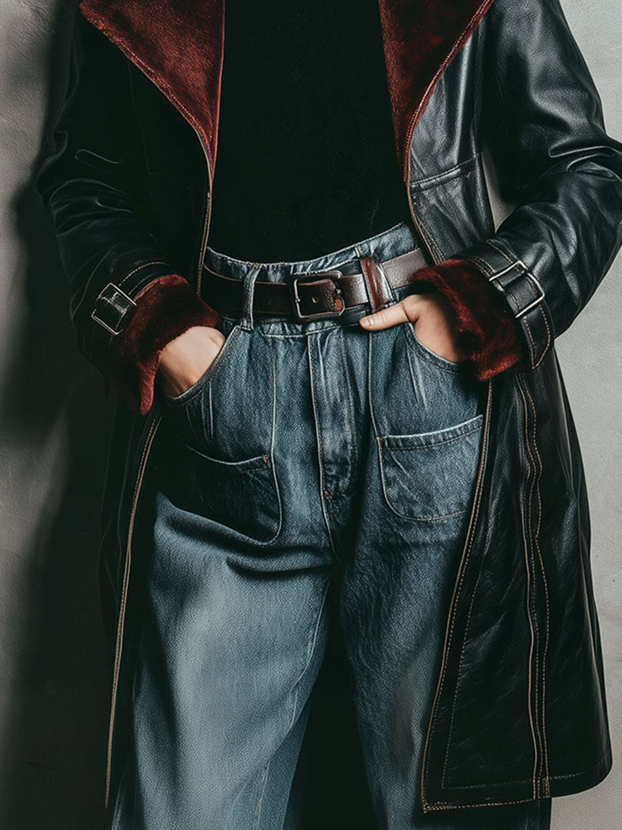 Canuck™| Retro Black Eco Leather & Burgundy Shearling Lining Coat With Buckle Cuffs