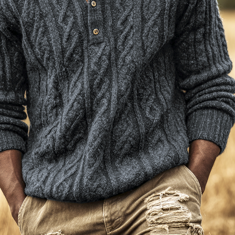 Canuck™| Solid Cable Knit Henley Collar Long Sleeve Sweater
