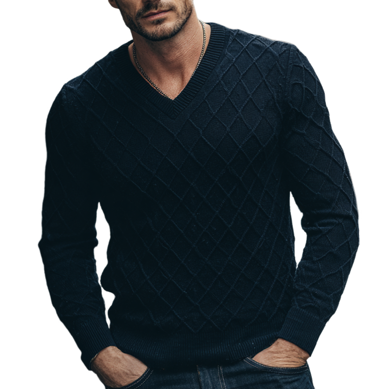 Canuck™| Solid Color Diamond Check Texture V-neck Pullover Sweater