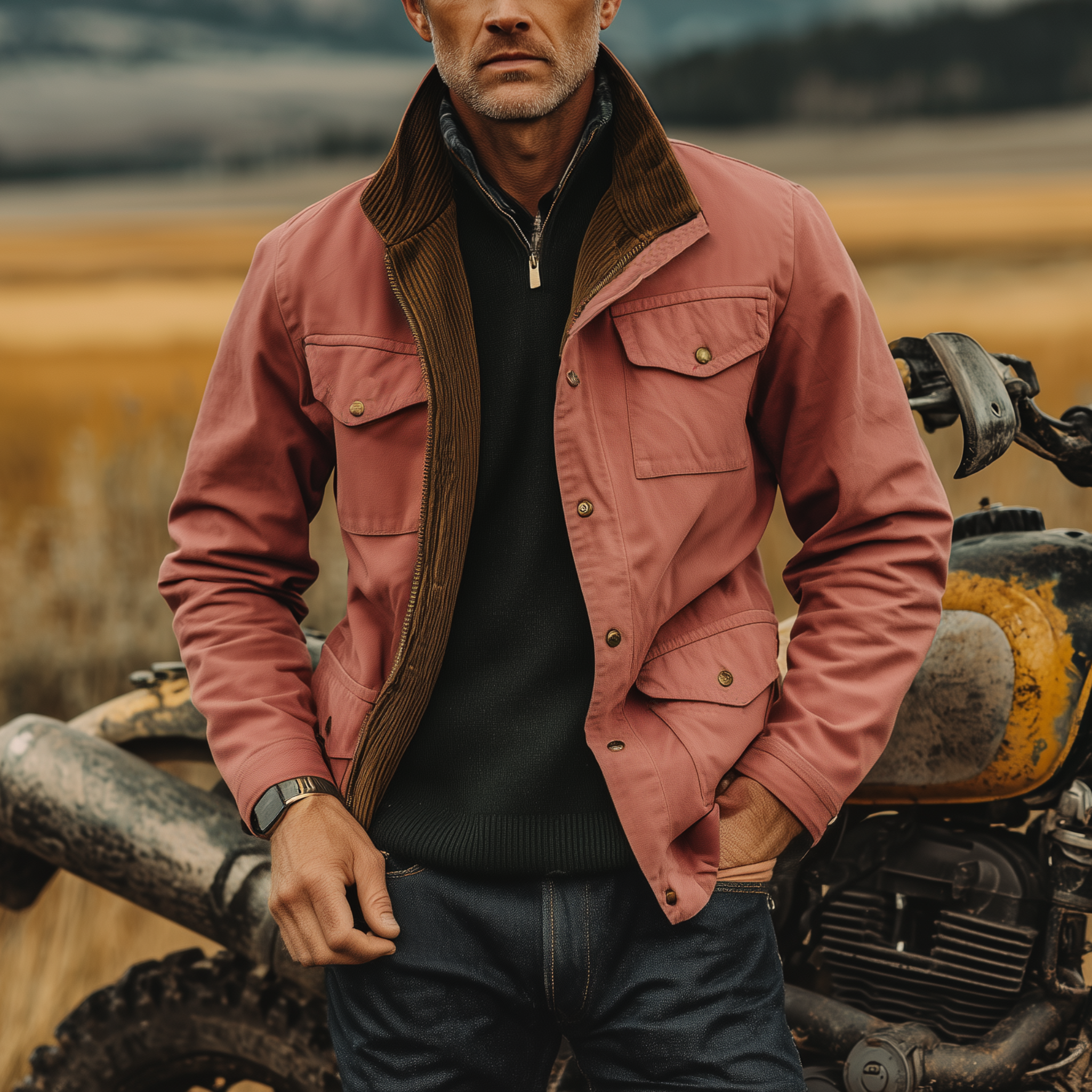 Canuck™| Classic Western Retro Style Stand Collar Multi-pocket Zipper Pink Cotton Blend Jacket