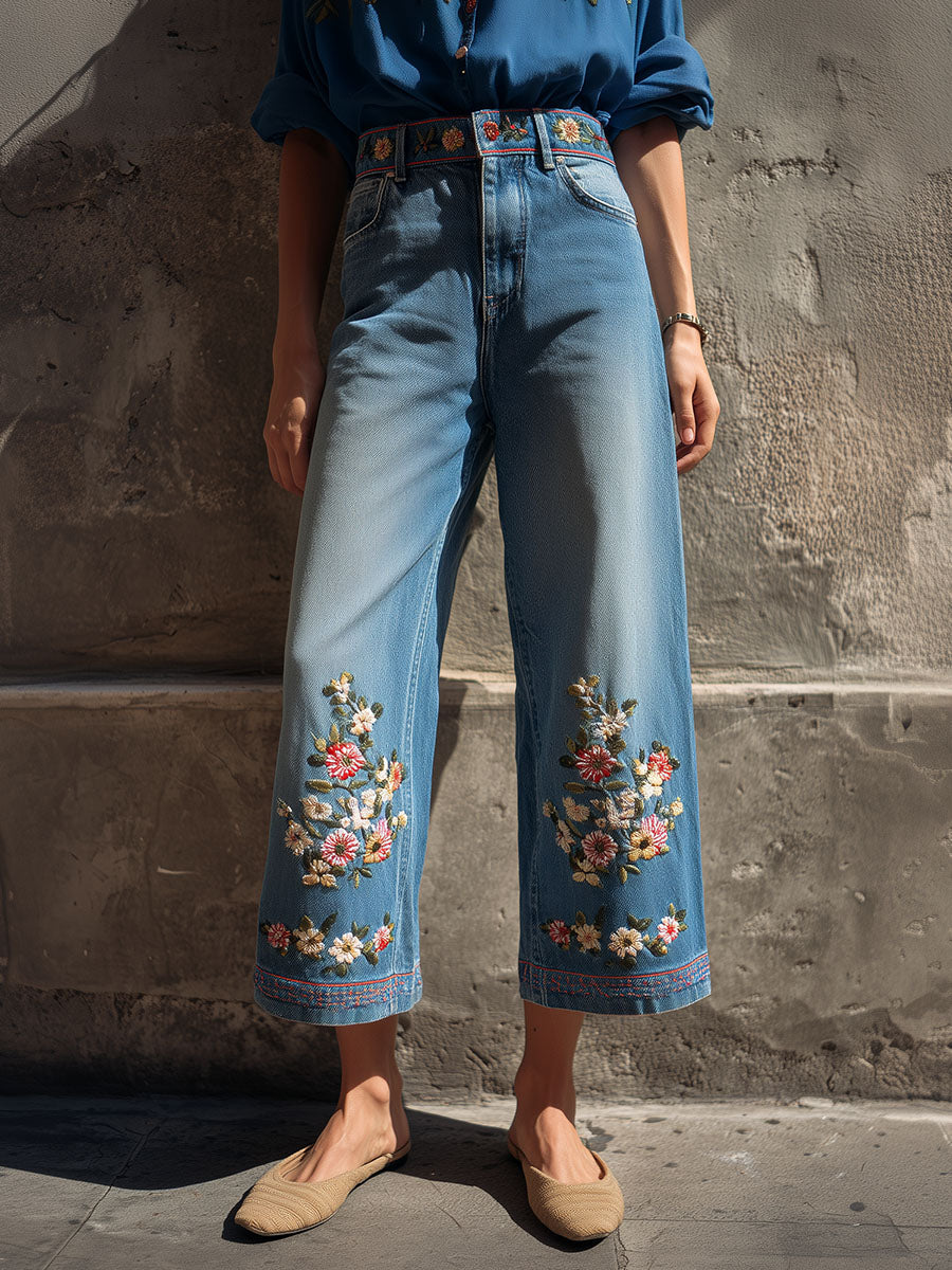 Canuck™| High-Waisted Cropped Wide-Leg Jeans With Floral Embroidery