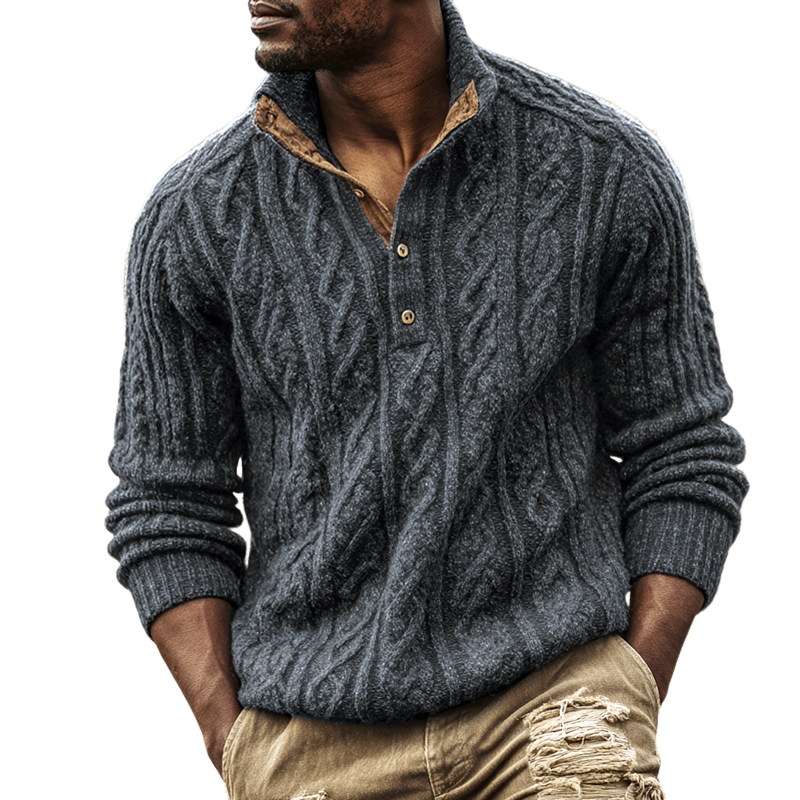Canuck™| Solid Cable Knit Henley Collar Long Sleeve Sweater