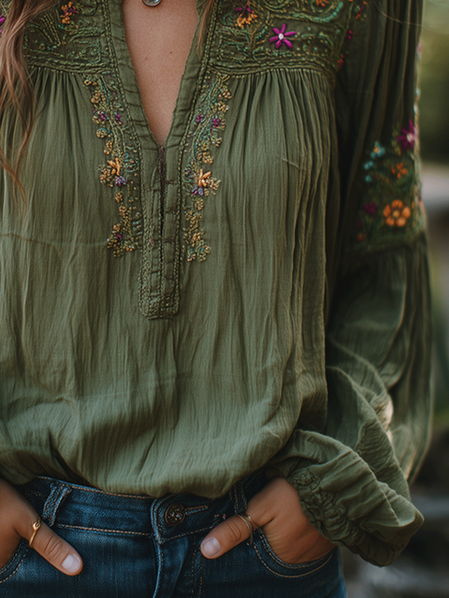 Canuck™| Bohe Floral Embroidered Cotton Olive Green Shirt