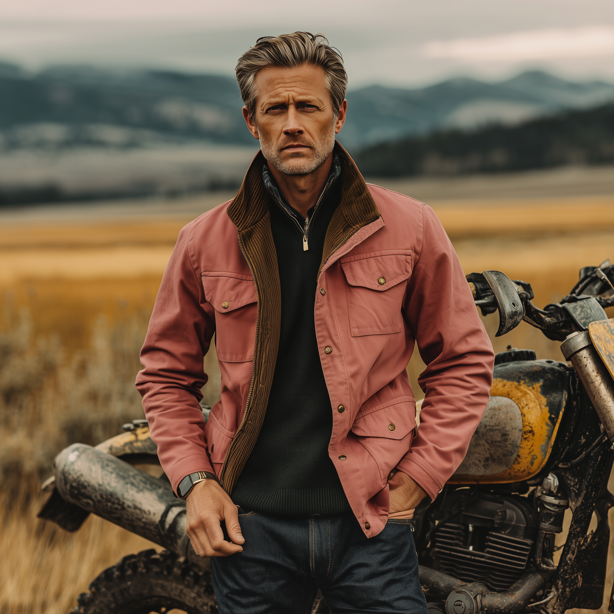 Canuck™| Classic Western Retro Style Stand Collar Multi-pocket Zipper Pink Cotton Blend Jacket