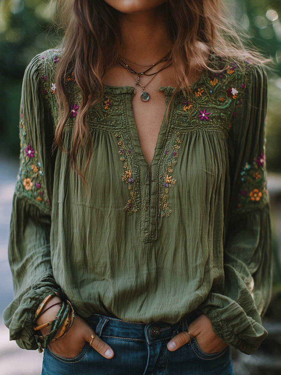 Canuck™| Bohe Floral Embroidered Cotton Olive Green Shirt