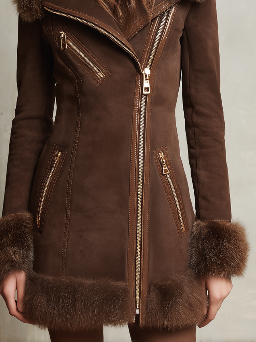 Canuck™| Retro Oblique Zipper Fur Collar Eco-friendly Suede Coat