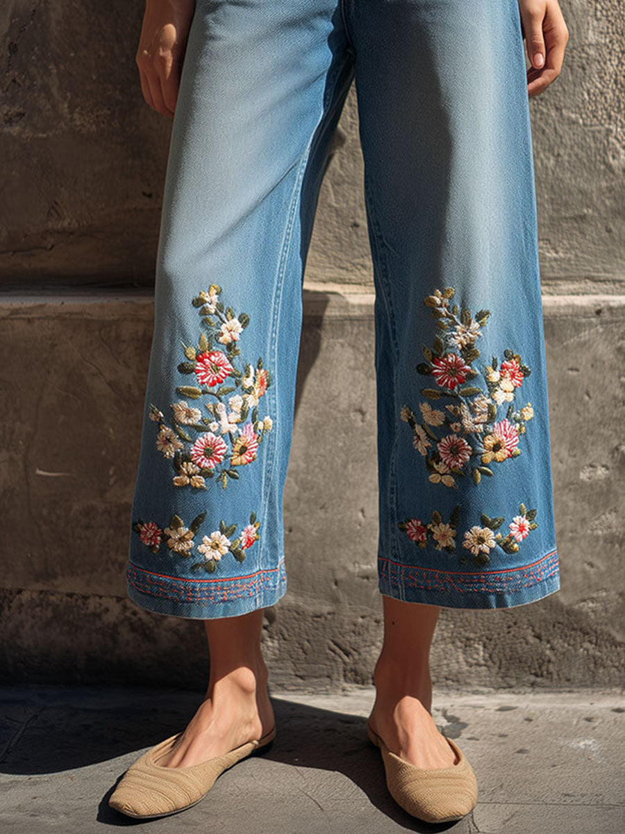 Canuck™| High-Waisted Cropped Wide-Leg Jeans With Floral Embroidery