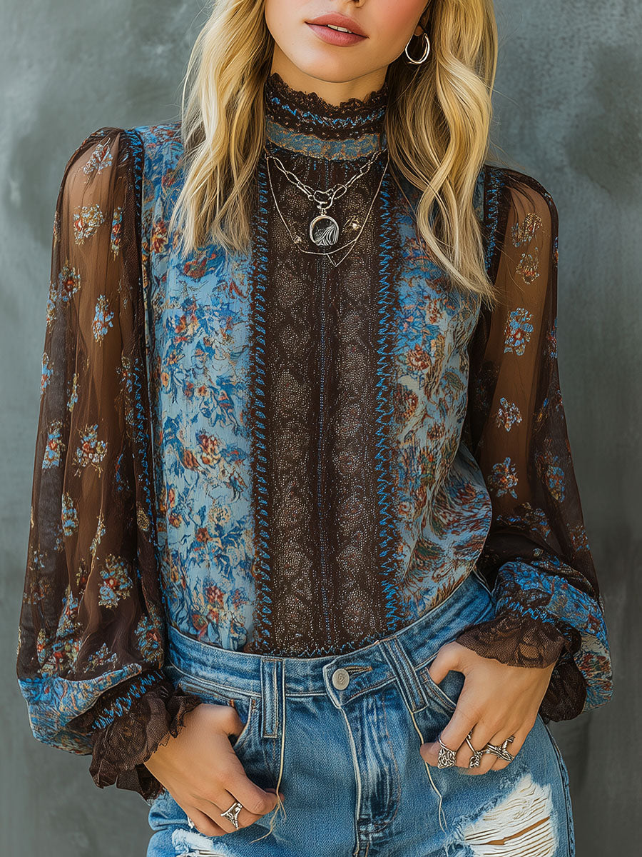 Canuck™| Vintage Boho Floral High Neck Sheer Lace Blouse With Puff Sleeve