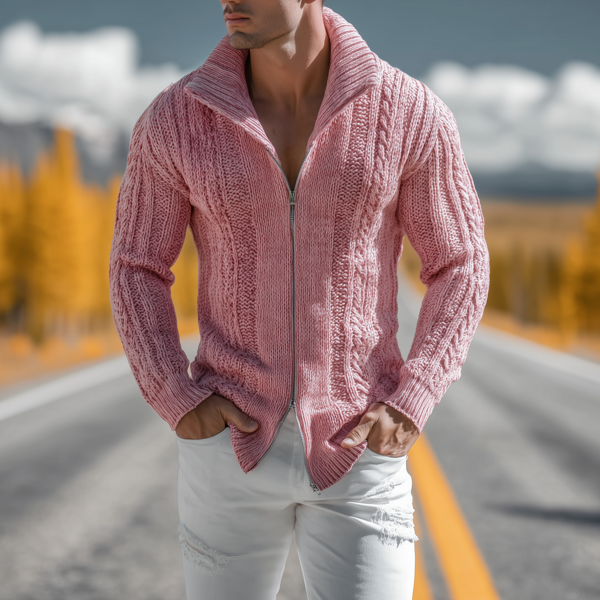 Canuck™| Classic Casual Western Tough Style Stand Collar Zipper Slim Pink Knit Cardigan