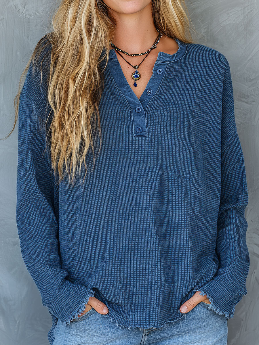 Canuck™| Casual Henley Button Neck Waffle Knit Top With Frayed Hem
