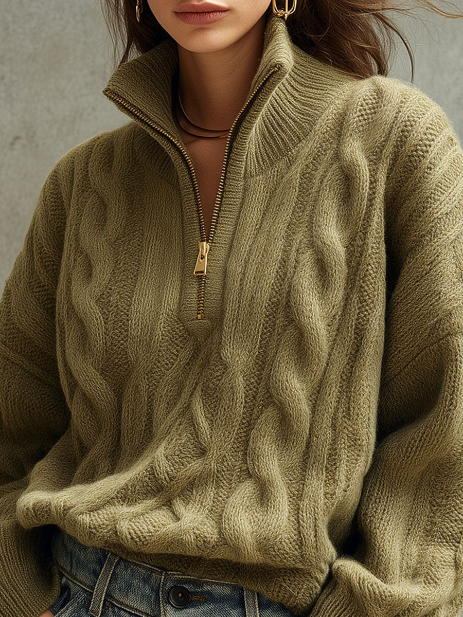 Canuck™| Quiet Luxury Olive Green High Collar Cable Knit Half-Zip Sweater