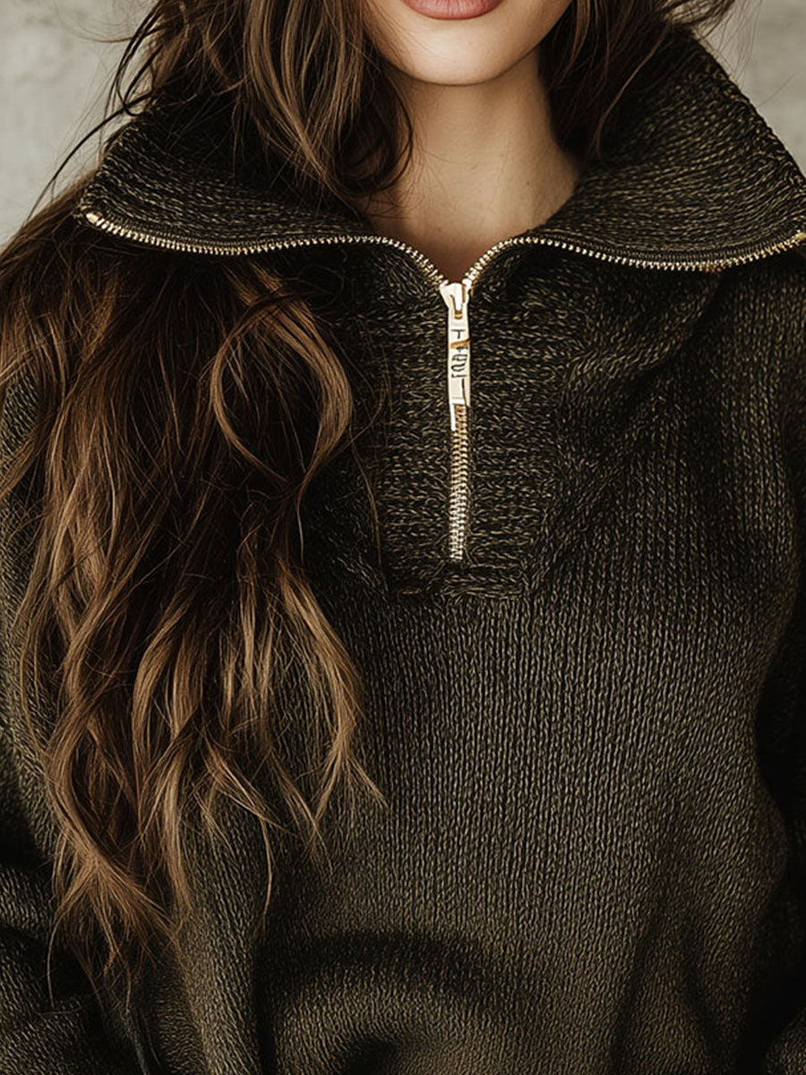 Canuck™| Casual High Collar Half-Zip Olive Green Knit Pullover Sweater