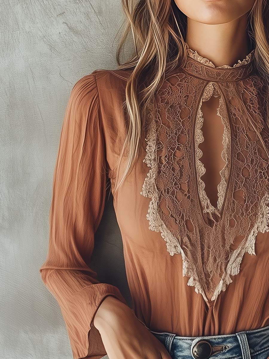 Canuck™| Elegant Keyhole Lace-Accent Blouse in Warm Cinnamon