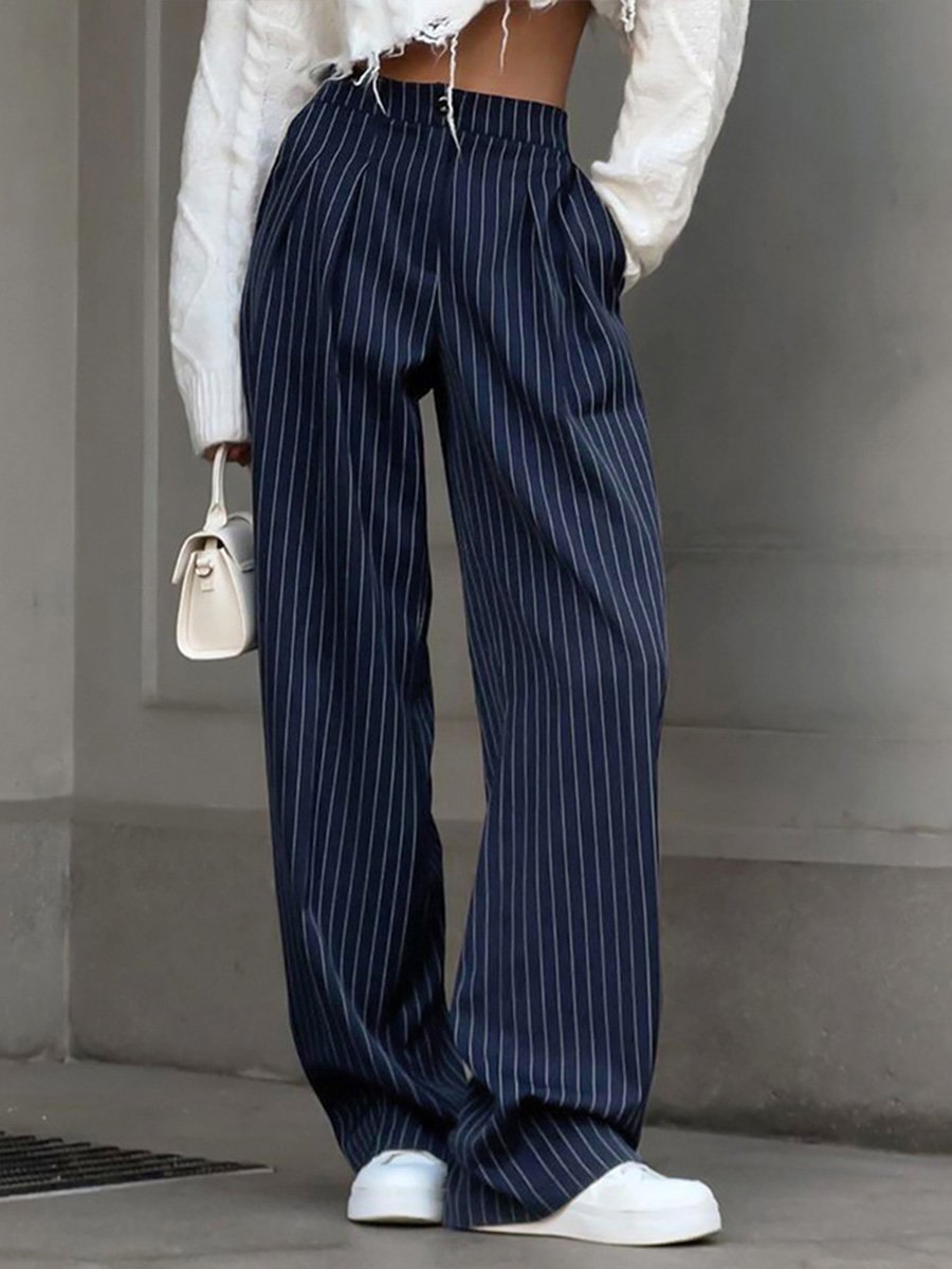 Canuck™| Casual Navy Blue Striped Wide-leg Pants