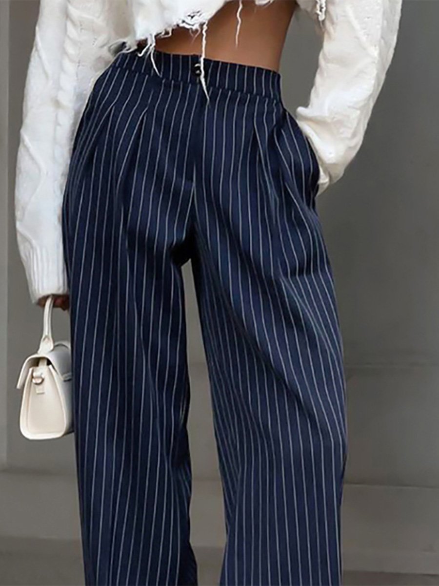 Canuck™| Casual Navy Blue Striped Wide-leg Pants