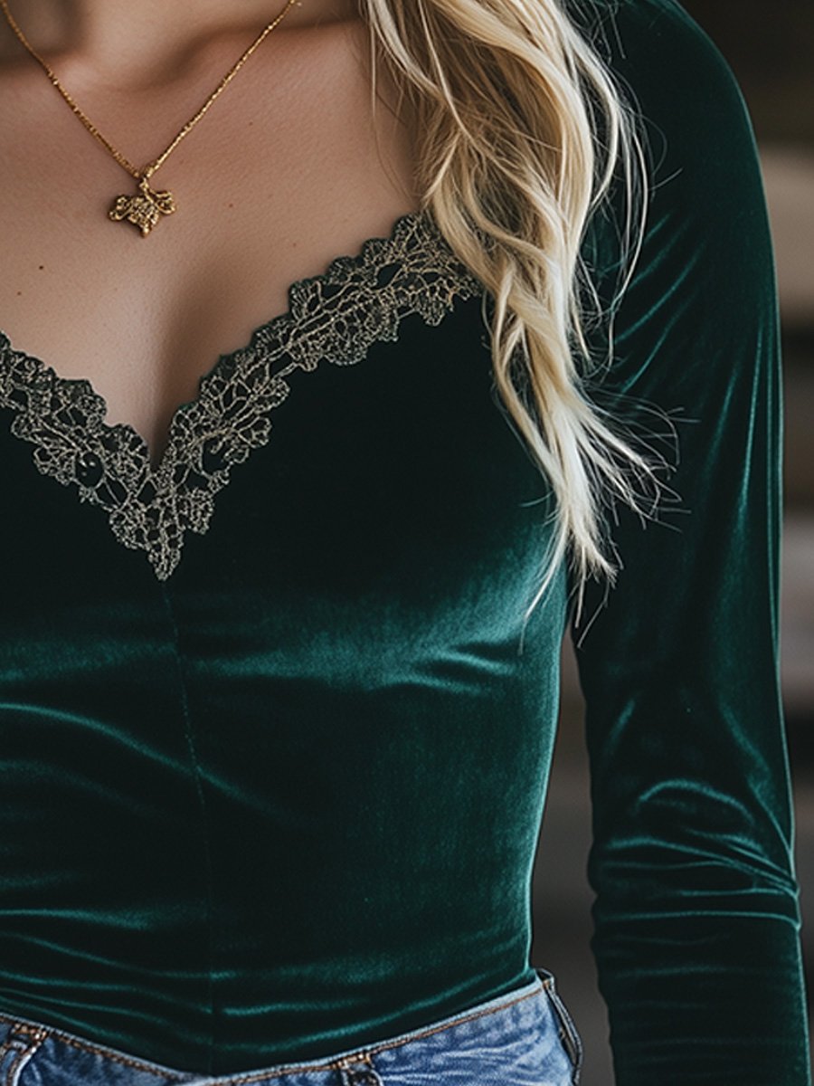 Canuck™| V-neck Velvet Lace Slim-fit Long-sleeved Shirt