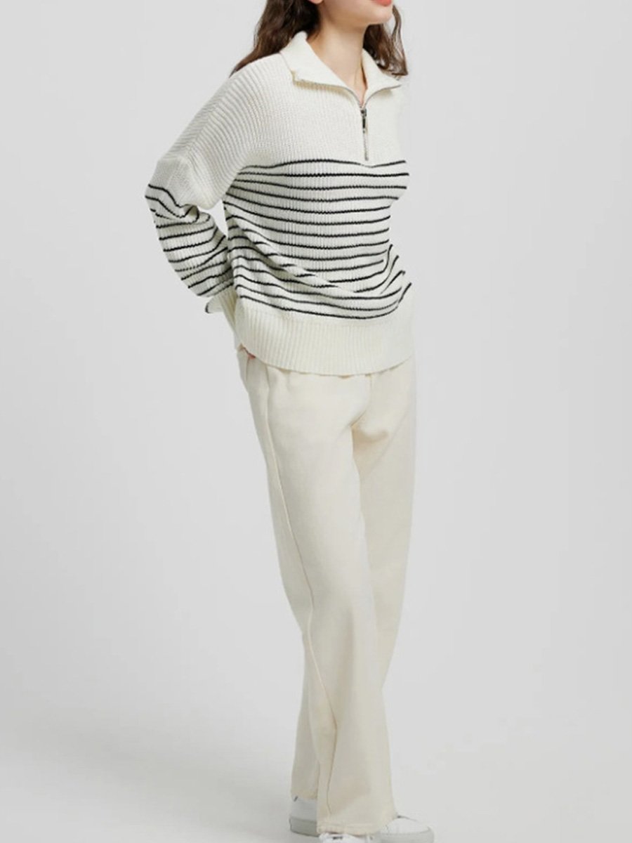 Canuck™| Turtleneck Striped Colorblock Long Sleeve Zipper Pullover Knit Sweater
