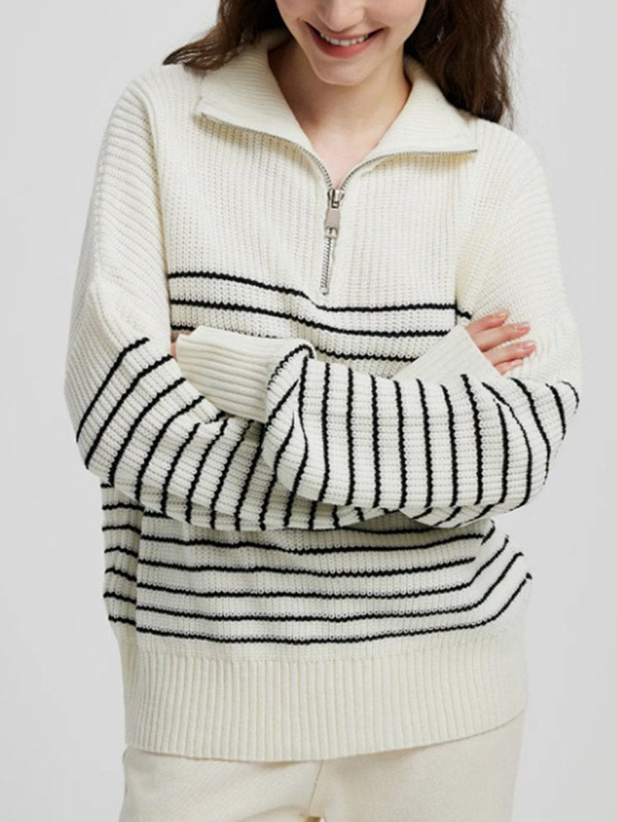 Canuck™| Turtleneck Striped Colorblock Long Sleeve Zipper Pullover Knit Sweater
