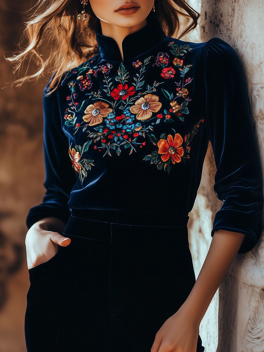 Canuck™| Elegant Stand Collar Embroidery Velvet Long Sleeves Top
