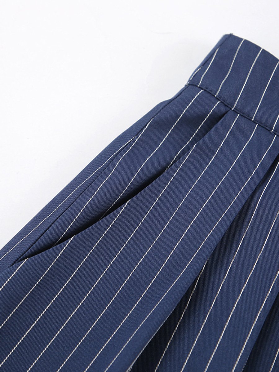 Canuck™| Casual Navy Blue Striped Wide-leg Pants