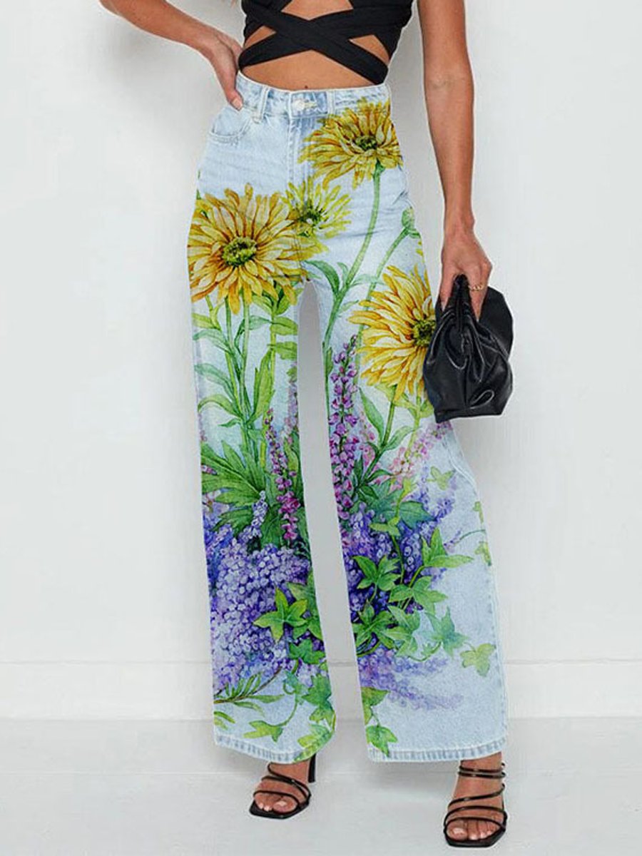 Canuck™| Casual Printed Wide-Leg Pants Imitation Jeans