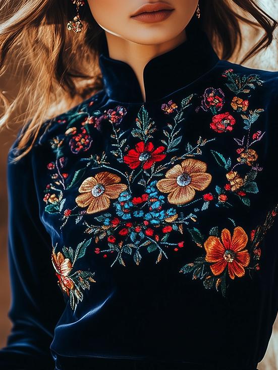 Canuck™| Elegant Stand Collar Embroidery Velvet Long Sleeves Top