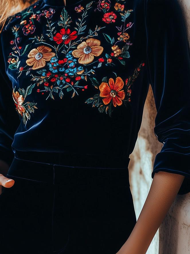 Canuck™| Elegant Stand Collar Embroidery Velvet Long Sleeves Top