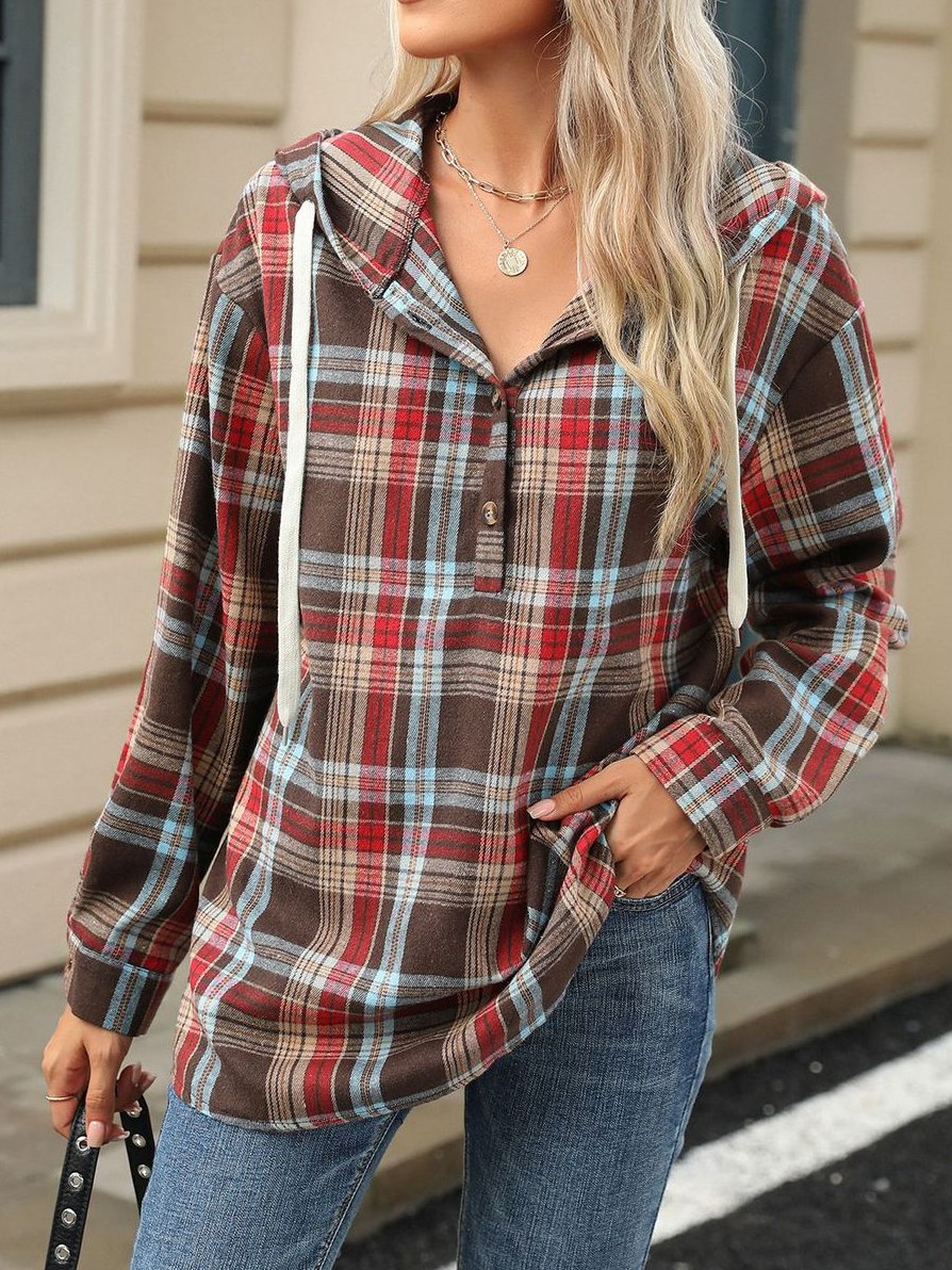 Canuck™| Retro Loose Fit Long Sleeve Button Plaid Hoodie