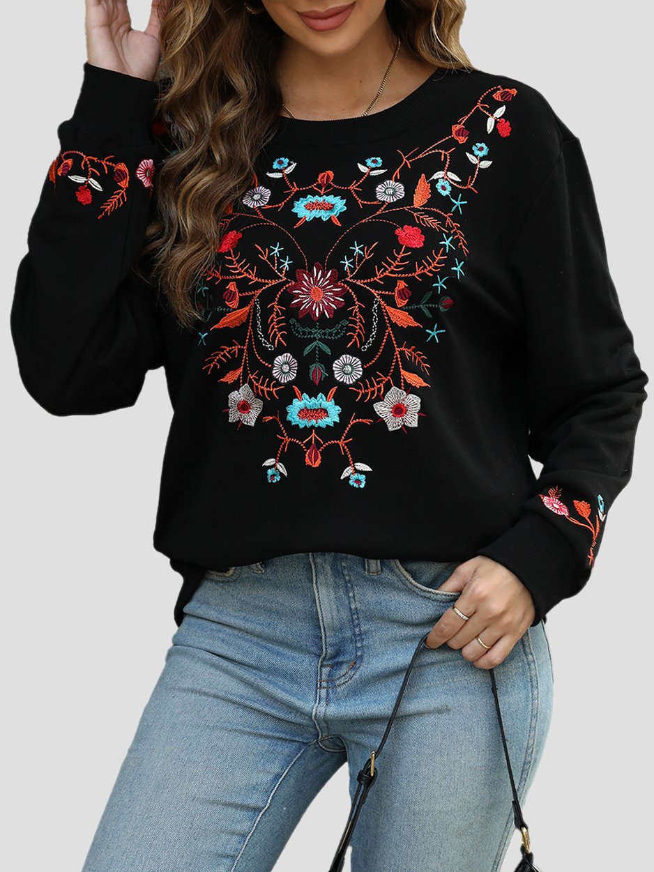 Canuck™| Elegant Floral Embroidered Ribbed Loose-Fitting Sweatshirt