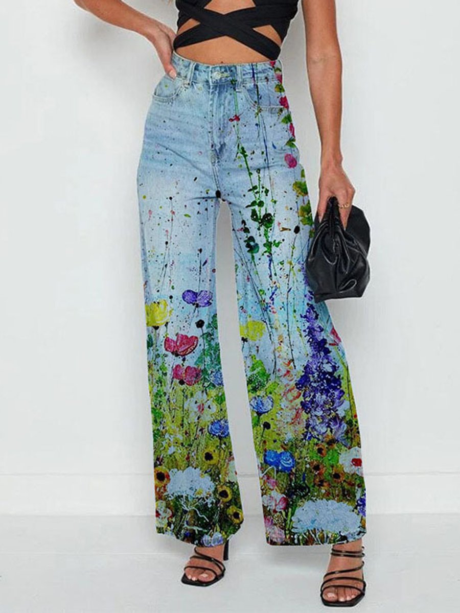 Canuck™| Casual Printed Wide-Leg Pants Imitation Jeans