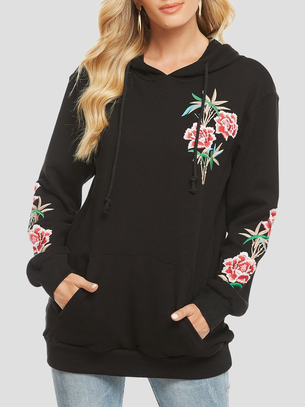 Canuck™| Elegant Floral Embroidered Mid-length Hoodie